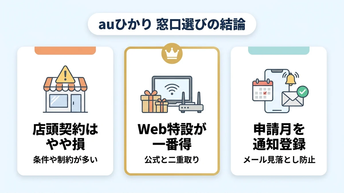 auひかりは公式特典とWeb窓口キャッシュバックの二重取りがお得なまとめ図解